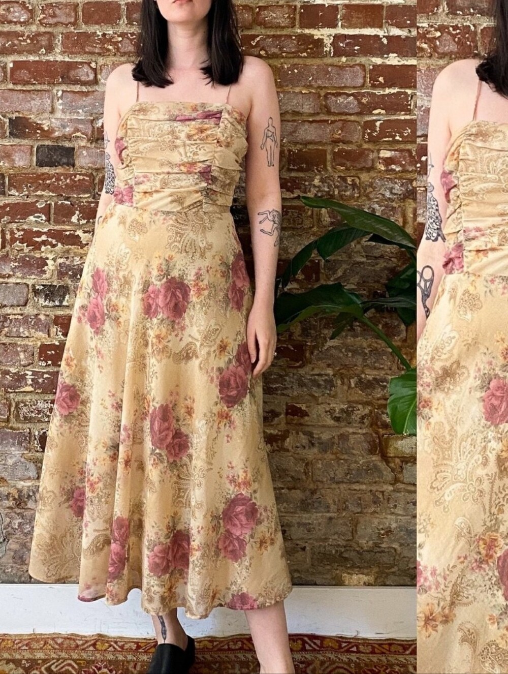 VTG Cottagecore Antique Rose Print Ruched Midi Dress Romantic Floral Strappy S
